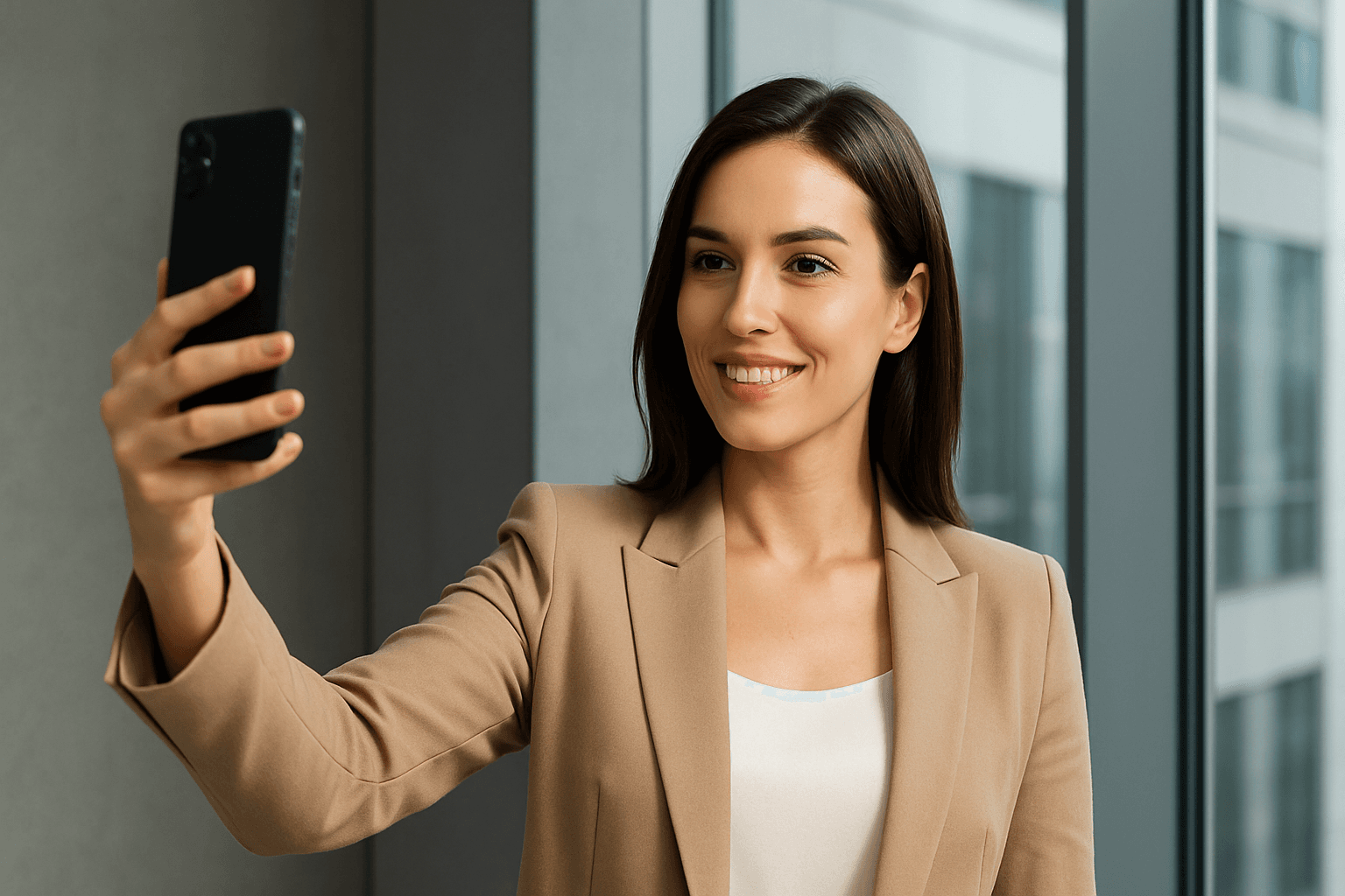 Mulher segurando o celular para tirar uma selfie bem iluminada
